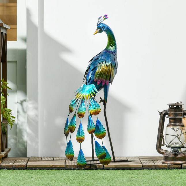 Steel Peacock Garden Statue with Stakes Durable Outdoor Decoration - Multi-Coloured