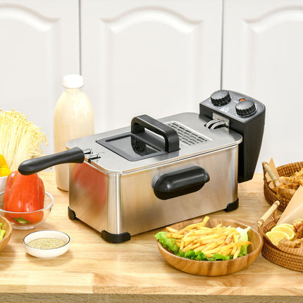 3 Litre Stainless Steel Deep Fat Fryer with Adjustable Temp, 60min Timer & Viewing Window - Black