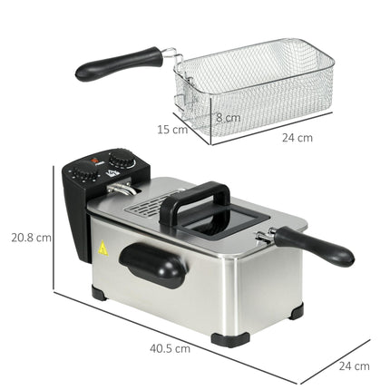 3 Litre Stainless Steel Deep Fat Fryer with Adjustable Temp, 60min Timer & Viewing Window - Black