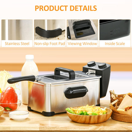 3 Litre Stainless Steel Deep Fat Fryer with Adjustable Temp, 60min Timer & Viewing Window - Black