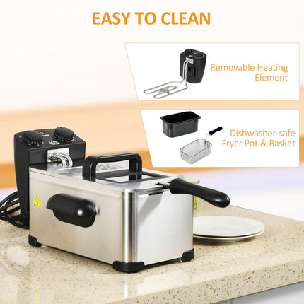 3 Litre Stainless Steel Deep Fat Fryer with Adjustable Temp, 60min Timer & Viewing Window - Black