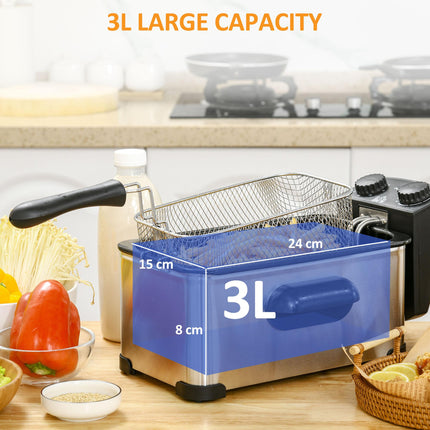 3 Litre Stainless Steel Deep Fat Fryer with Adjustable Temp, 60min Timer & Viewing Window - Black