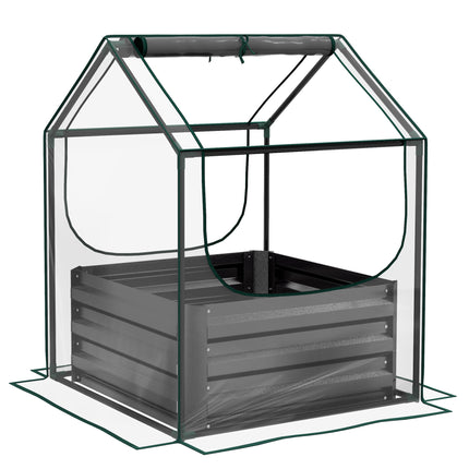 2 Piece Metal Raised Garden Bed with Greenhouse Cover - Dark Grey