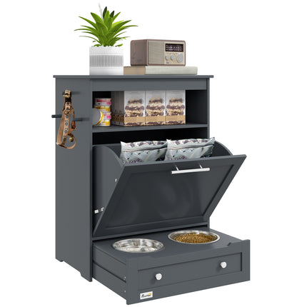 Pet Feeder Station with Raised Bowls, Food Storage & Hanger for Dog Feeding - Grey