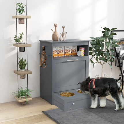 Pet Feeder Station with Raised Bowls, Food Storage & Hanger for Dog Feeding - Grey
