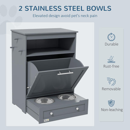 Pet Feeder Station with Raised Bowls, Food Storage & Hanger for Dog Feeding - Grey