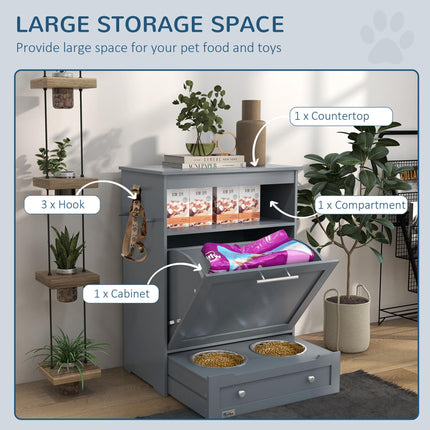 Pet Feeder Station with Raised Bowls, Food Storage & Hanger for Dog Feeding - Grey