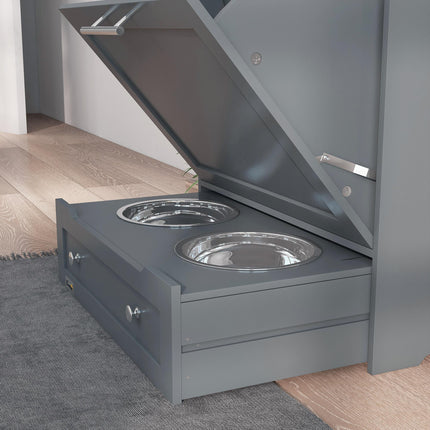 Pet Feeder Station with Raised Bowls, Food Storage & Hanger for Dog Feeding - Grey