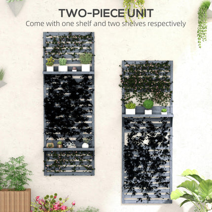 Set of 2 Wall Mounted Fir Wood Plant Stands with Shelves - Natural Brown