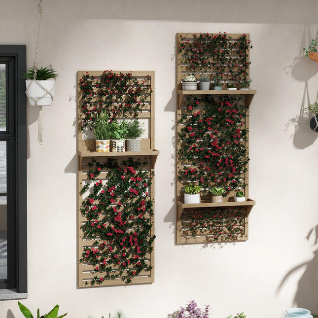 Set of 2 Fir Wood Wall Mounted Plant Stands with Shelves - Natural
