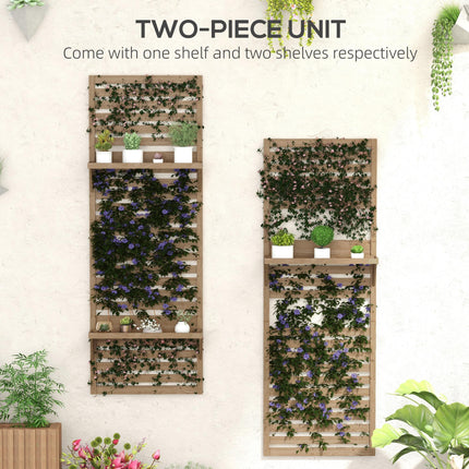 Set of 2 Fir Wood Wall Mounted Plant Stands with Shelves - Natural