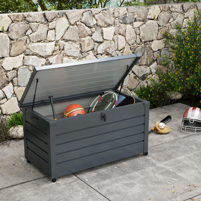 311L Galvanised Steel Lockable Garden Storage Box with Wheels - Dark Grey