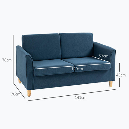 Compact 2-Seater Loveseat Sofa with Wood Legs and Armrests - Blue