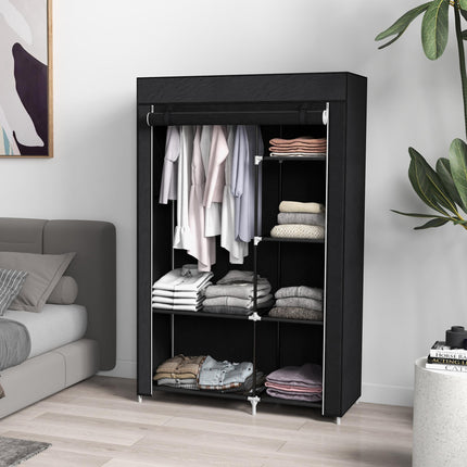Portable Fabric Wardrobe with Hanging Rail and 6 Shelves - Black
