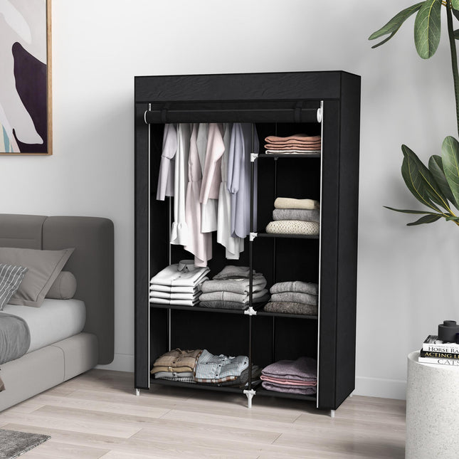 Portable Fabric Wardrobe with Hanging Rail and 6 Shelves - Black