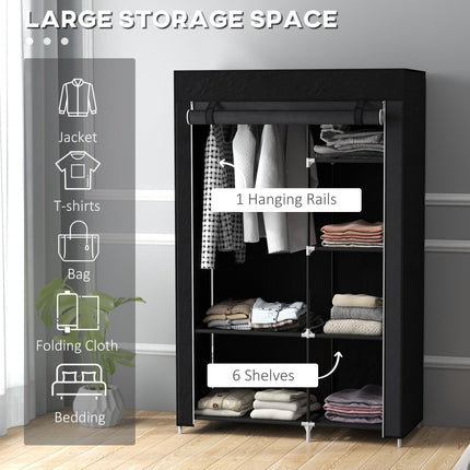 Portable Fabric Wardrobe with Hanging Rail and 6 Shelves - Black