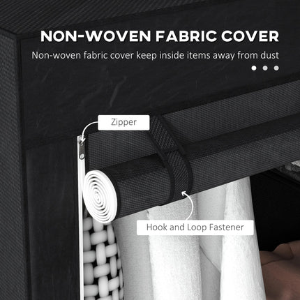 Portable Fabric Wardrobe with Hanging Rail and 6 Shelves - Black