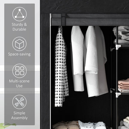 Portable Fabric Wardrobe with Hanging Rail and 6 Shelves - Black