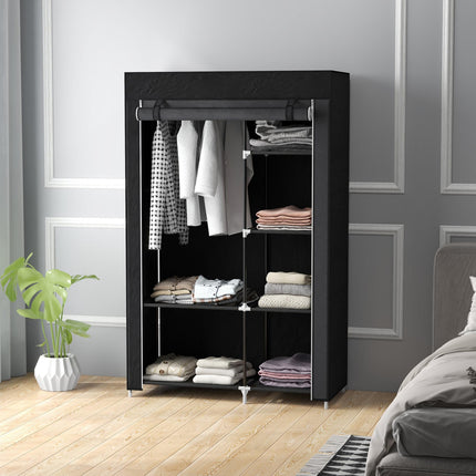 Portable Fabric Wardrobe with Hanging Rail and 6 Shelves - Black