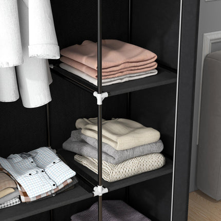 Portable Fabric Wardrobe with Hanging Rail and 6 Shelves - Black