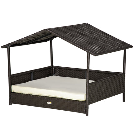 Wicker Dog House with Canopy and Removable Cushion for Small & Medium Dogs - Cream