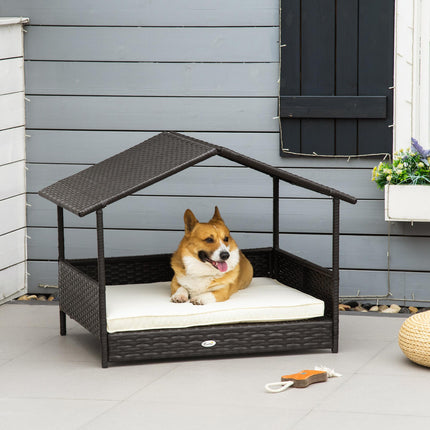 Wicker Dog House with Canopy and Removable Cushion for Small & Medium Dogs - Cream