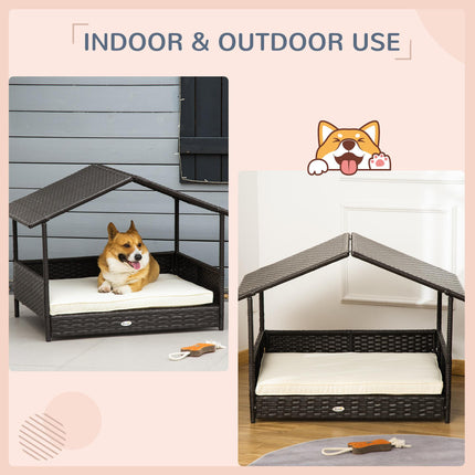 Wicker Dog House with Canopy and Removable Cushion for Small & Medium Dogs - Cream