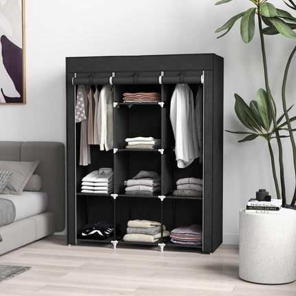 Fabric Wardrobe with 2 Rails and 8 Shelves for Clothes Storage - Black