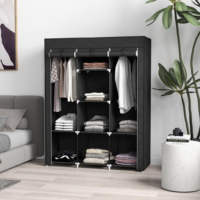Fabric Wardrobe with 2 Rails and 8 Shelves for Clothes Storage - Black