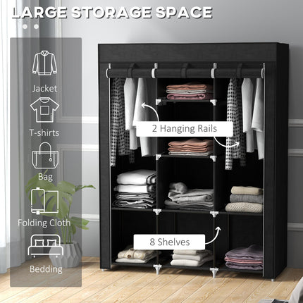 Fabric Wardrobe with 2 Rails and 8 Shelves for Clothes Storage - Black