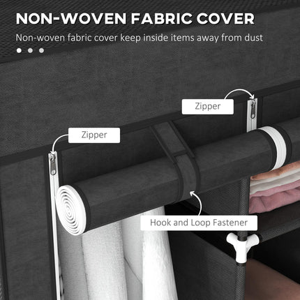 Fabric Wardrobe with 2 Rails and 8 Shelves for Clothes Storage - Black