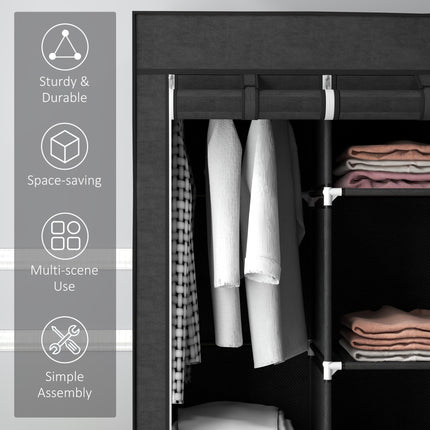Fabric Wardrobe with 2 Rails and 8 Shelves for Clothes Storage - Black