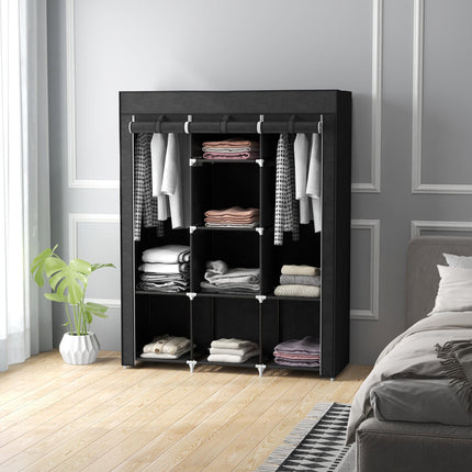 Fabric Wardrobe with 2 Rails and 8 Shelves for Clothes Storage - Black