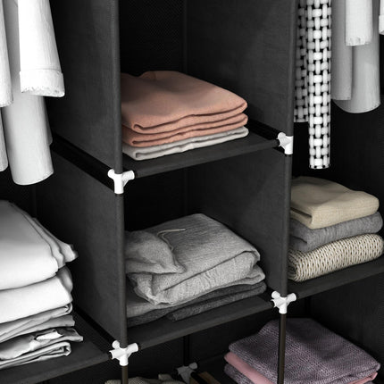 Fabric Wardrobe with 2 Rails and 8 Shelves for Clothes Storage - Black