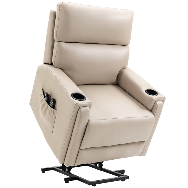 Power Lift Recliner Chair with Massage, Heat & Cup Holders - Beige Microfibre