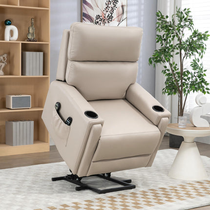 Power Lift Recliner Chair with Massage, Heat & Cup Holders - Beige Microfibre