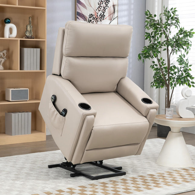 Power Lift Recliner Chair with Massage, Heat & Cup Holders - Beige Microfibre