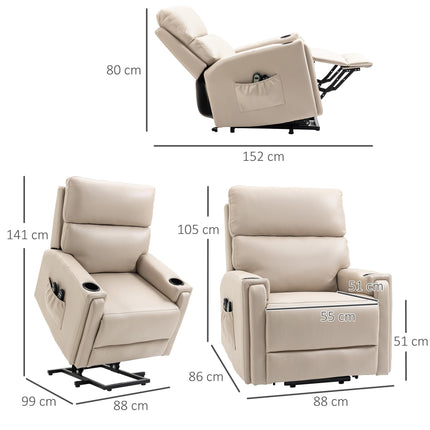 Power Lift Recliner Chair with Massage, Heat & Cup Holders - Beige Microfibre