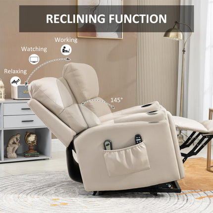 Power Lift Recliner Chair with Massage, Heat & Cup Holders - Beige Microfibre