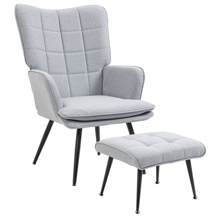 Comfortable Linen Wingback Armchair with Footstool - Light Grey
