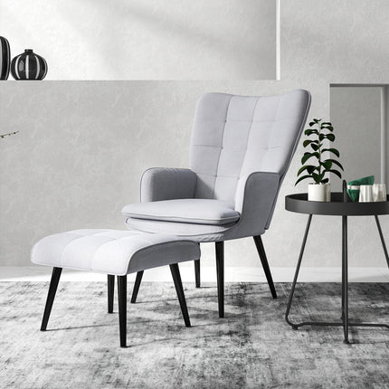 Comfortable Linen Wingback Armchair with Footstool - Light Grey