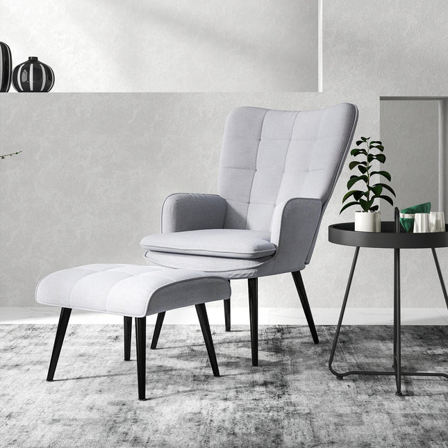 Comfortable Linen Wingback Armchair with Footstool - Light Grey