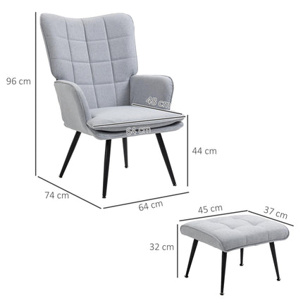 Comfortable Linen Wingback Armchair with Footstool - Light Grey