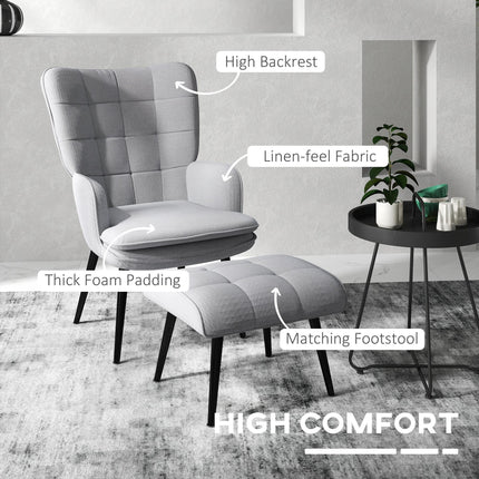 Comfortable Linen Wingback Armchair with Footstool - Light Grey