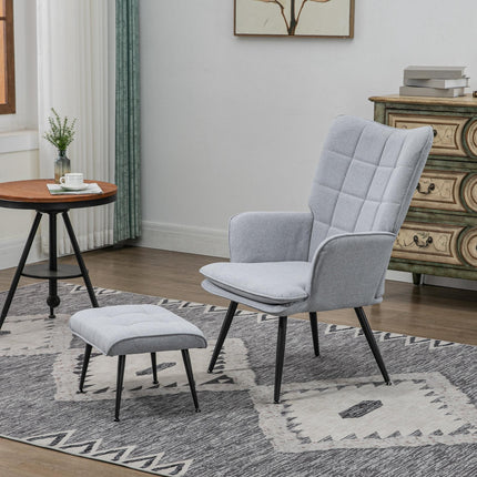 Comfortable Linen Wingback Armchair with Footstool - Light Grey