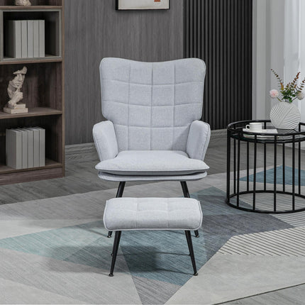 Comfortable Linen Wingback Armchair with Footstool - Light Grey