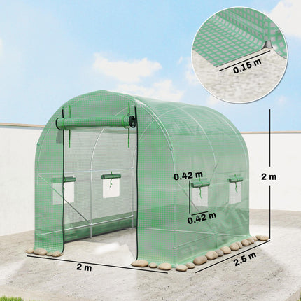 2.5 x 2m Walk-In Polytunnel Greenhouse with Steel Frame and Roll-Up Door - Green