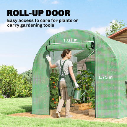2.5 x 2m Walk-In Polytunnel Greenhouse with Steel Frame and Roll-Up Door - Green