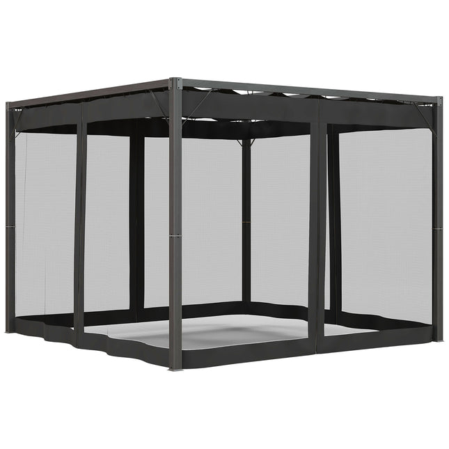 3 x 3 Metre Retractable Pergola With Mesh Curtains - Dark Grey