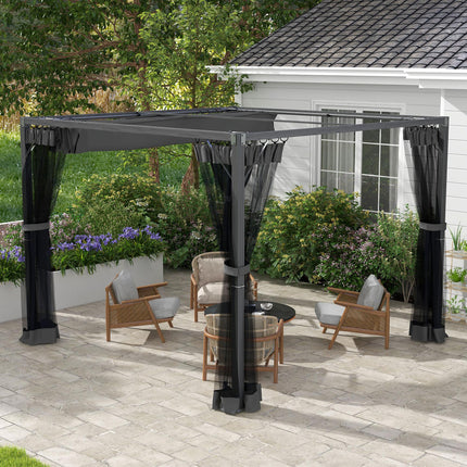 3 x 3 Metre Retractable Pergola With Mesh Curtains - Dark Grey